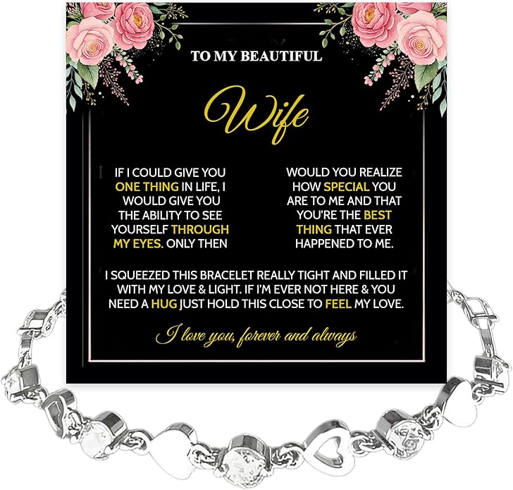 “To My Wife Heart Bracelet – Crystal Heart Link Jewelry Gift with Message Card”.