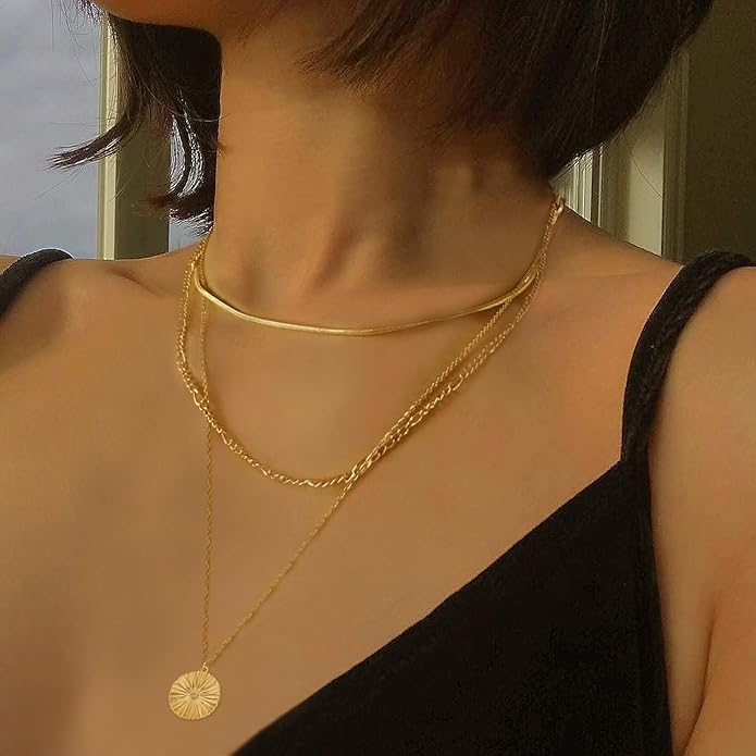 LANE WOODS Gold Plated Necklaces for Women - Multilayer Coin Medallion Pendant Necklace Adjustable Layering Choker Necklaces Chain Set Jewelry