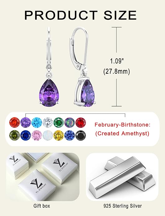 YL 925 Sterling Silver Teardrop Dangle Drop Earrings for Women 7x10 MM Solitaire Birthstone Leverback Jewelry