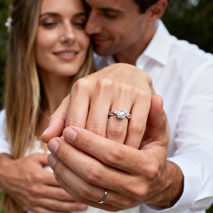 Moissanite Engagement Ring for Women, 2CT D Color VVS1, 925 Sterling Silver with 18K White Gold Plated, Twisted Moissanite Wedding Ring, Anniversary Promise Ring with Gift Box, Size 4.5-9