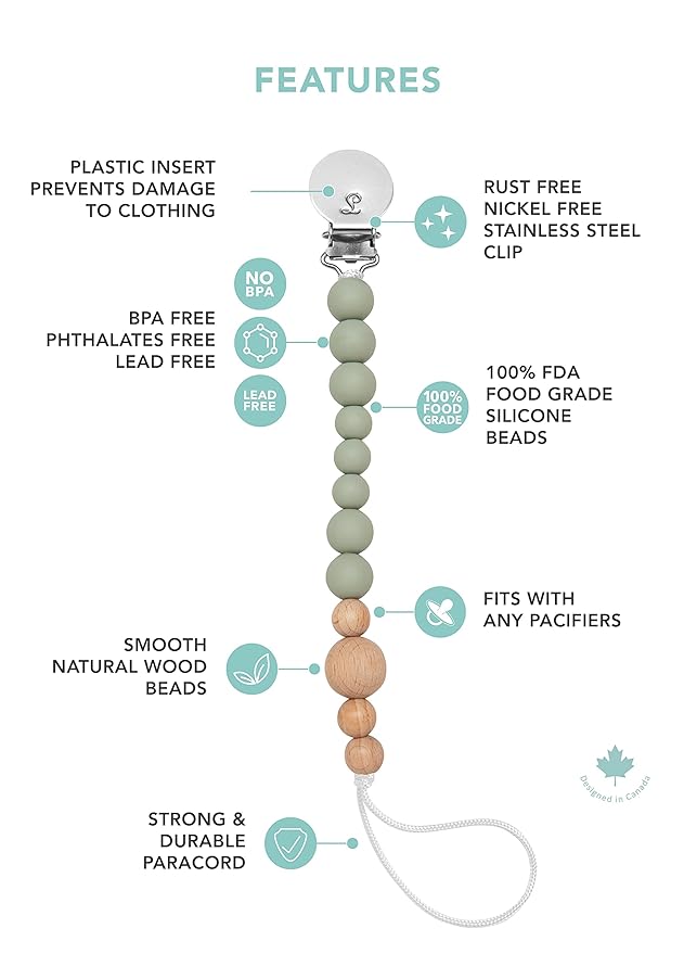 Colour Block Pacifier Clip – Food-Grade Silicone Soother Holder & Teether Strap – Secure, Non-Toxic Binky Clip for Babies – Durable, Stylish, and Easy to Clean – Unisex Baby Accessory - Sage