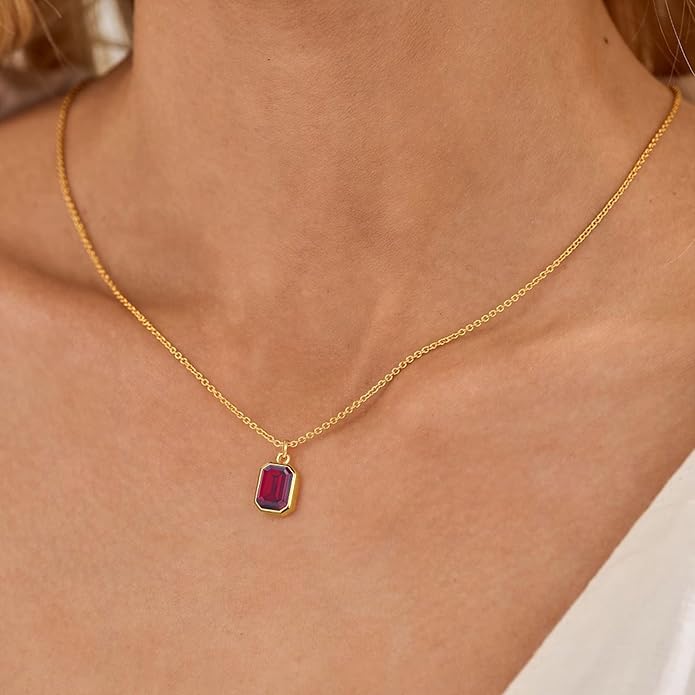 Layered Birthstone Necklace for Women Girls, 14K Gold-Plated Paperclip Chain Choker Necklace with Rectangle Birthstone Pendant Birthday Gifts for Women Girls Dainty Small