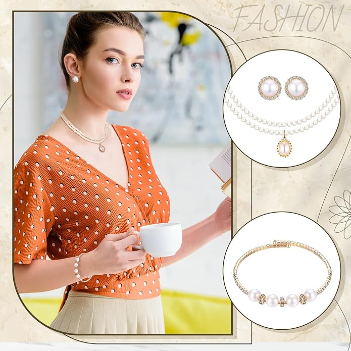Glenmal Pearl Rhinestone Jewelry Set for Women Pearl Necklace Bracelet Earrings for Wedding Birthday Bridal Shower Tea Party