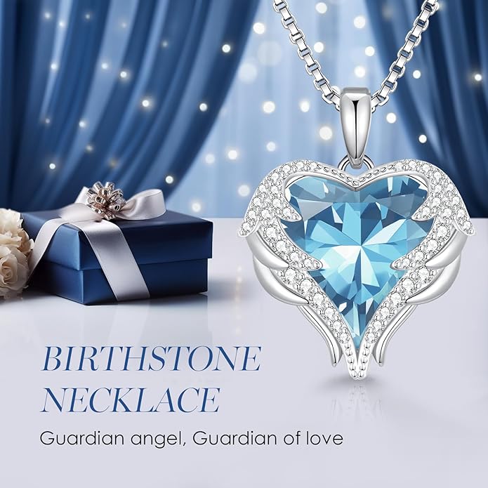 CDE Valentines Day Gifts for Women Angel Wings Necklace for Women with Birthstone, Love Heart Silver Tone/Gold Tone Pendant, Ideal Anniversary or Birthday Jewelry Gifts for Wife Girlfriend Her