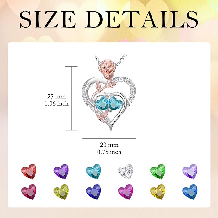 Rose Flower Heart Pendant for Women Birthday Gifts 18k Gold Plated Mother Daughter Necklace with 12 Months Birthstone Christmas Valentines Day Gifts for Her Mom Anniversarry Jewelry for Mom Wife Girlfriend