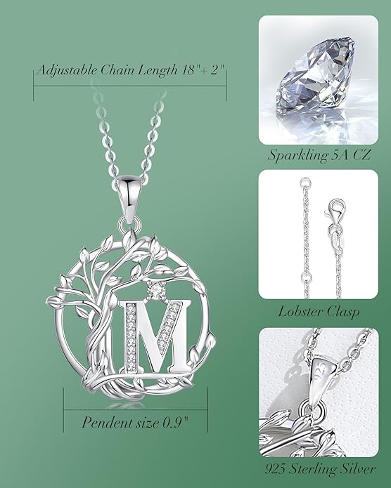 FANCIME Tree of life Initial necklaces for women, Sterling Silver Tree Jewelry Simulated Diamond Letter Pendant Cubic Zirconia CZ Personalized Birthday Mothers Day Gifts for Mom Wife Her