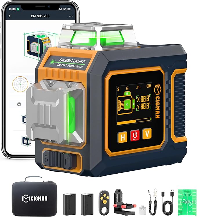 Green Laser Level, 3x360° Side LCD 12-Line Self-Leveling, Pulse Mode by CIGMAN