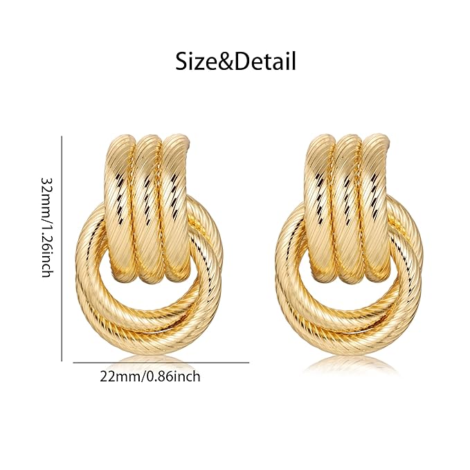 Chunky Knot Link Earrings, Circle Statement Drop Dangle Studs for Women Trendy Jewelry, L