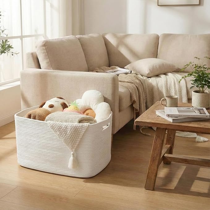 JMvicyroam 65L Large Woven Cotton Rope Blanket Basket, Freestanding - Image 2