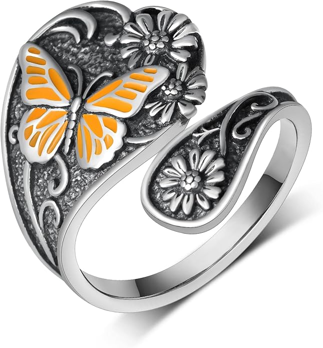 Spoon Rings for Women 925 Sterling Silver Hummingbird/Butterfly/Bee/Red Cardinal/Pink Flamingo Adjustable Thumb Rings Vintage Boho Antique Jewelry Gifts