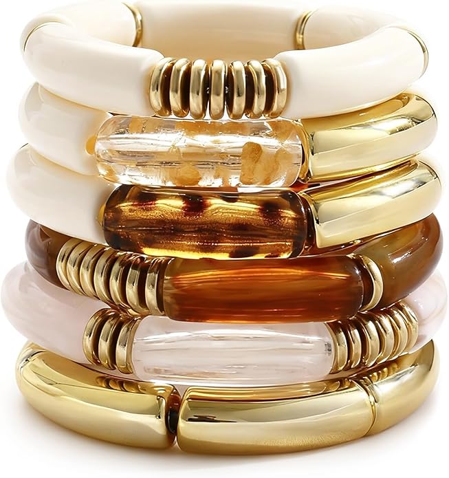 iF YOU 6pcs Chunky Acrylic Bangle Bracelets for Women, Resin Bamboo Brown Stretchy Bracelet Stack, Fashion Jewelry for Women