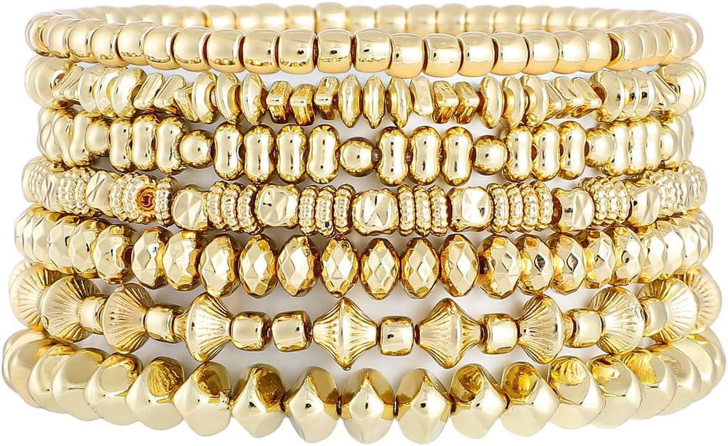Gold Plated Beaded Bracelets for Women Trendy, 14K Gold Plated Stack Cross Pearl Gold Plated Bead Stretch Bracelets Set Elastic Hypoallergenic Bracelets Jewelry Gifts