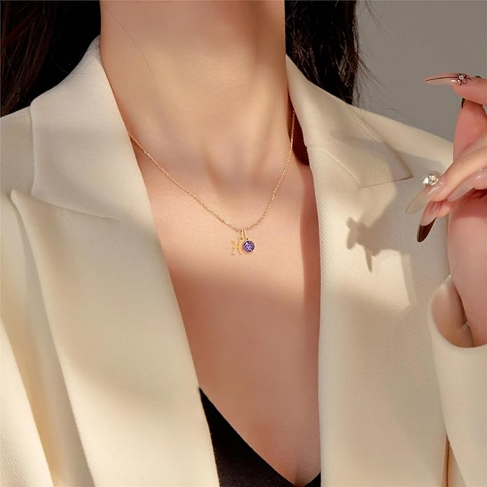 MISS RIGHT Initial Birthstone Necklace for Women - Personalized Gifts Birthday Gifts for Women Stainless Steel 18K Gold Plated Dainty Gold Zodiac Sign 12 Constellation Horoscope Necklace Jewelry