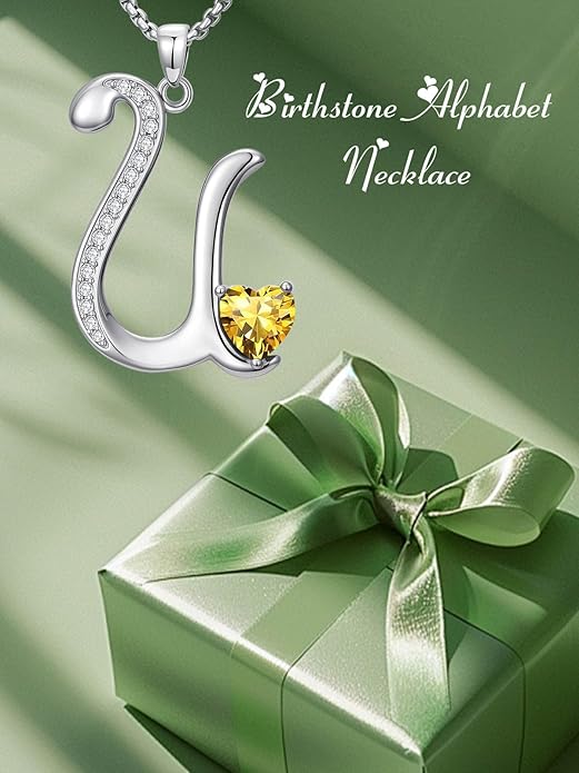 Valentines Day Gifts for Women Alphabet A to Z Initial Birthstone Pendant Necklaces for Women - 18k White Gold Plated Personalized Name Jewelry Valentine Mothers Day Birthday Gifts for Women Her Girlfriend