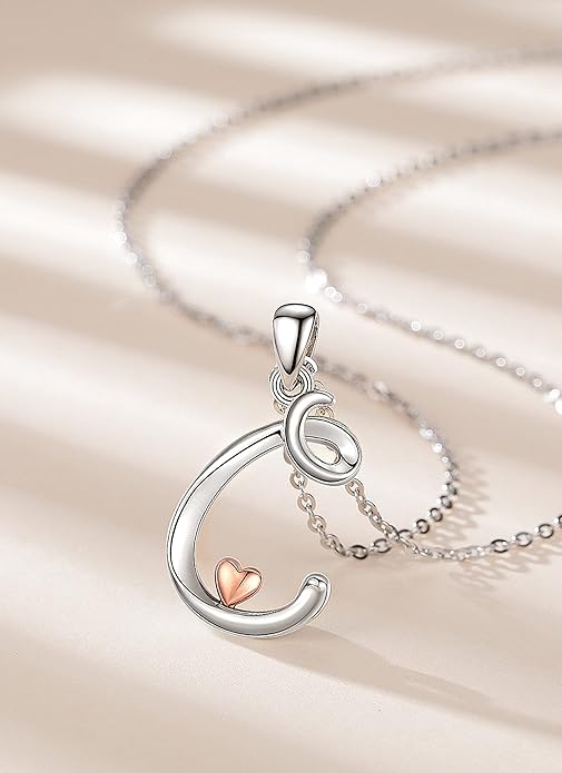 CELESTIA 925 Sterling Silver Initial Necklaces 26 Letter with Rose Gold Heart - 18 Inch Chain