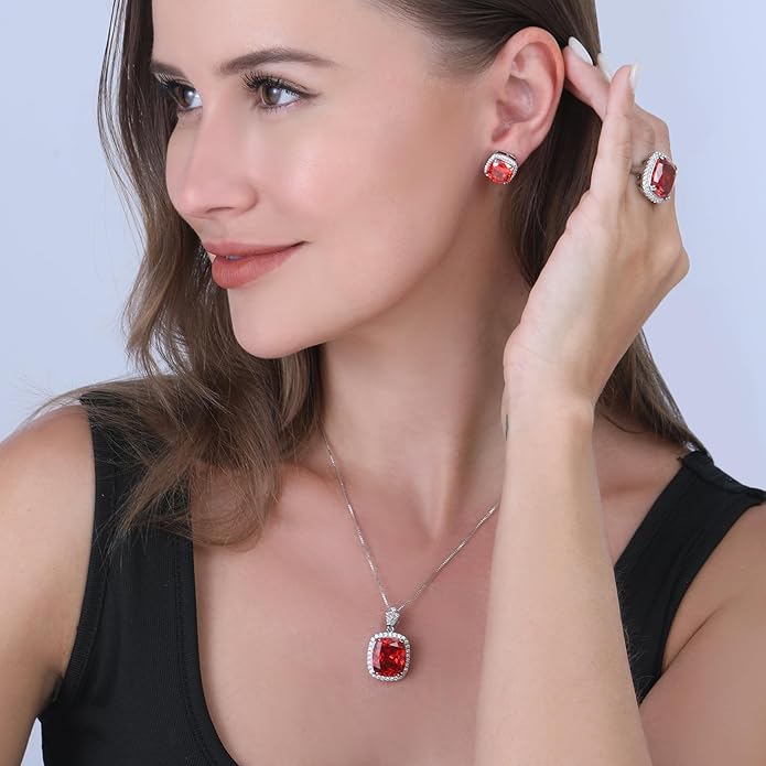 Jewelry for Women Sets Gold-Plated Sterling Silver CZ or Faux Gemstone Cushion-cut Necklace & Ring & Stud Earring set for Bridesmaids, Comes With a Gift Box.