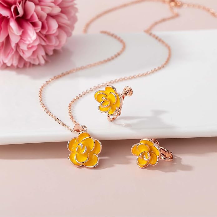Dainty Rose Flower Pendant Necklace Clip On Earrings Set for Women 14K Gold Plated Hypoallergenic Jewelry Sets
