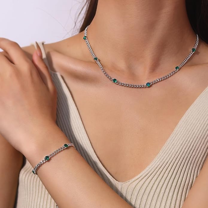 FANCIME 925 Sterling Silver 3.6mm Cuban Link Curb Chain Bracelet With Created Gemstone for Women Men Unisex