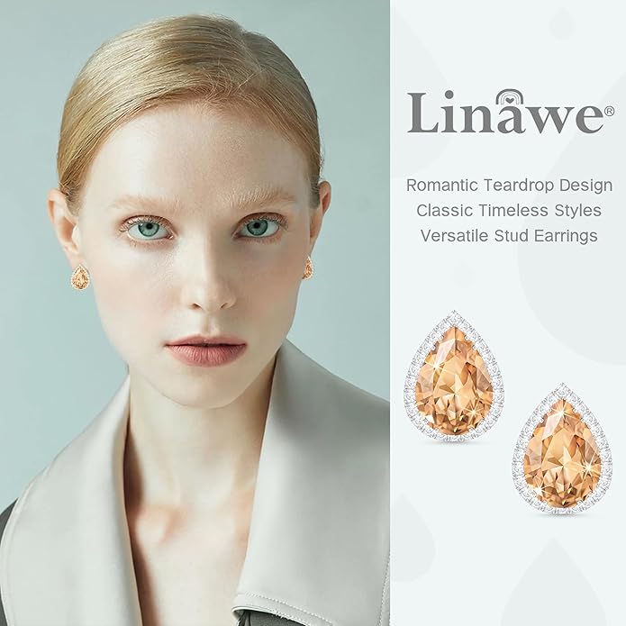Linawe Women Stud Earrings, Teardrop Diamond Moissanite Cubic Zirconia Earrings Studs Rhinestone Jewelry Gold/Silver/Rose Gold