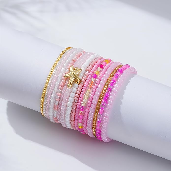 Shell Bracelet Seashell Boho Beaded Stretch Bracelets for Women Summer Beach Bracelets Starfish Charm Bracelet Stackable Gold Plated Bracelets Set for Women