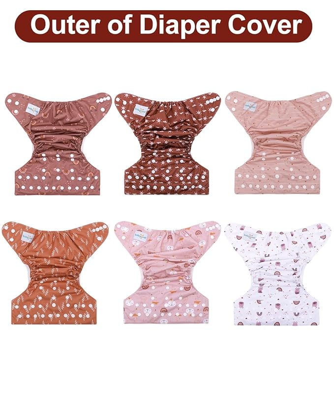 babygoal Cloth Diaper Covers 6 Pack with Wet Bag for Fitted Diapers and Prefolds with Double Gussets, Adjustable and Reusable for Baby Boys and Girls 6DCF12-B