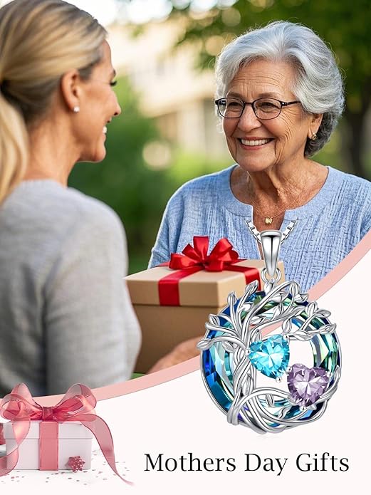 TOUPOP s925 Sterling Silver Family Celtic Tree of Life Pendant Necklaces with 2 Heart Birthstone with Blue Austrian Crystal Jewelry Birthday Valentines Day Gifts for Her, Anniversary Christmas Gifts for Wife Girlfriend Mom (18K Real White Gold Filled)