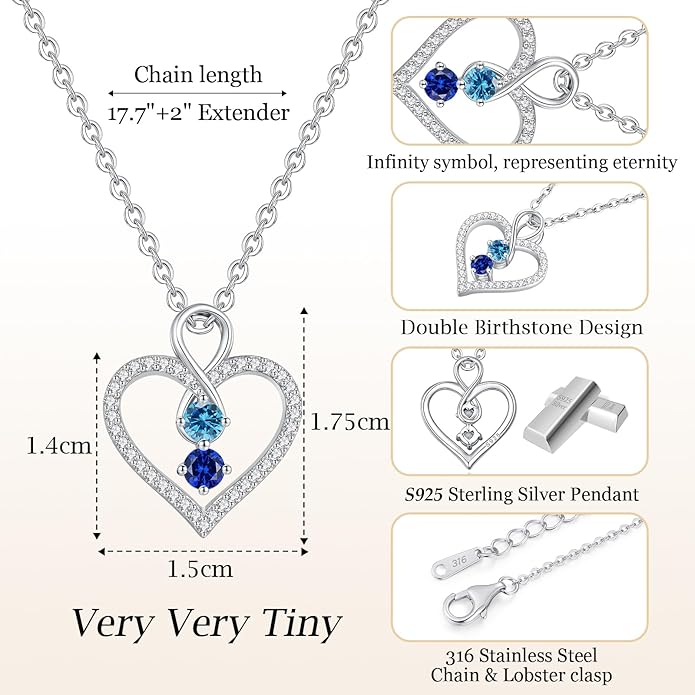 LOUISA SECRET Infinity Double Birthstone Necklace, 925 Sterling Silver Tiny Pendant Heart Necklace for Women Wife Her, Best Jewelry Gift Heart Jewelry Meaningful Gift for Valentine's Day, Christmas, Birthday Anniversary