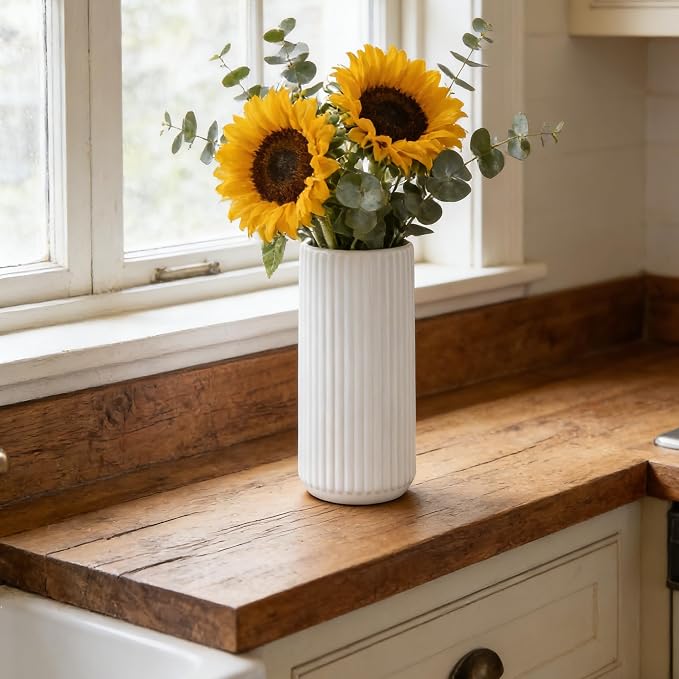 White Ceramic Flower Vase for Pampas Grass, 8 inch Small Decorative Centerpiece - Image 4