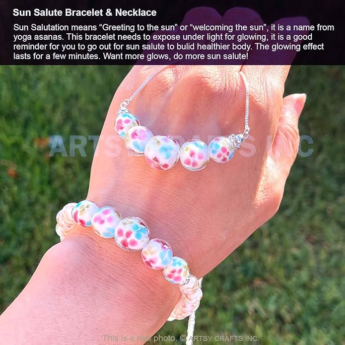 ARTSY Crafts Lily Garden Glow in the Dark Firefly Bead Bracelets Necklaces, Handmade in USA Murano Glass Jewelry, Flower Luminous Beads Mermaid Crystal Bracelet Bangle