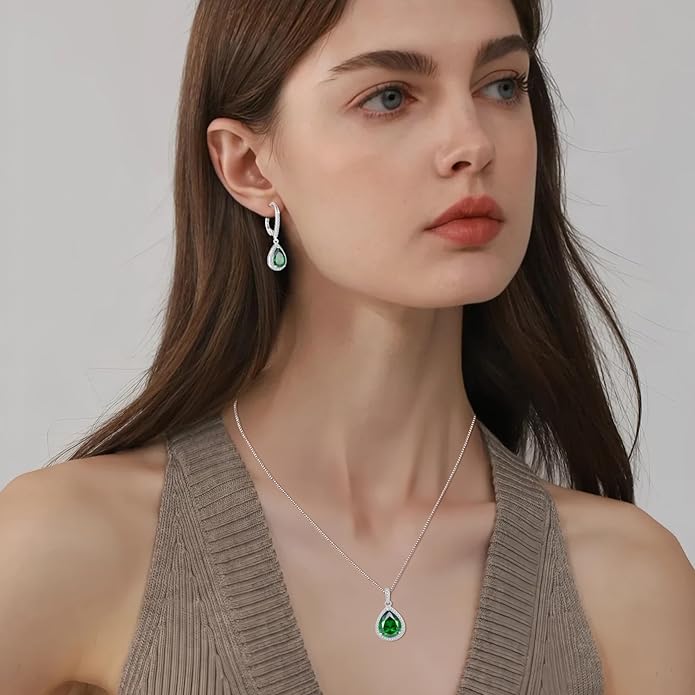 FJ Teardrop Jewelry Set for Women 925 Sterling Silver Emerald Necklace and Earrings Set Pear Cut May Birthstone Jewelry Gifts