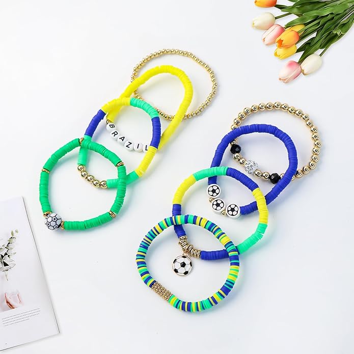 Game Day Bracelets for Women, Stackable Heishi Beaded Stretch Soccer Bracelet Soccer, World Soccer Cup Team Color Accessories & Outfits Jewelry, Soccers Dads Moms Coaches Fans Gifts