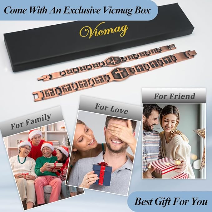 Vicmag 2PCS Men Copper Magnetic Bracelets for Couple Double Row 99.9% Solid Pure Copper Cross Bracelet Gift with Adjustment Tool