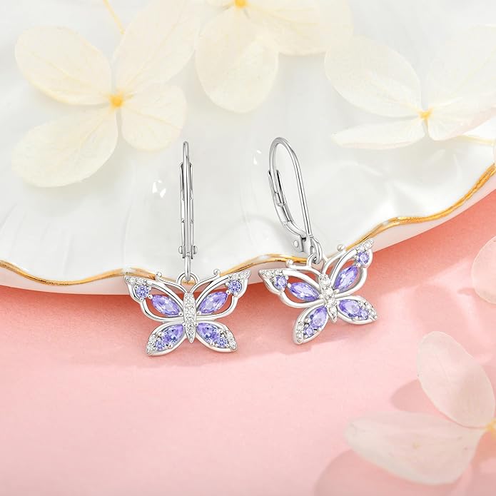 Women's Butterfly Leverback Dangle Earrings 925 Sterling Silver 5A Cubic Zirconia Jewelry for Valentine Mother's Day Birthday Gifts for Her