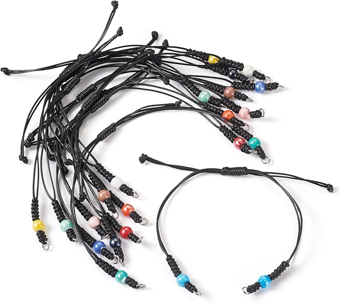 11 Pcs Adjustable Braided Cords Black Waxed Braided Thread Half Finished Bracelet with Porcelain Beads for DIY Women Jewelry Making Friendship Fashion Bangle Accessory