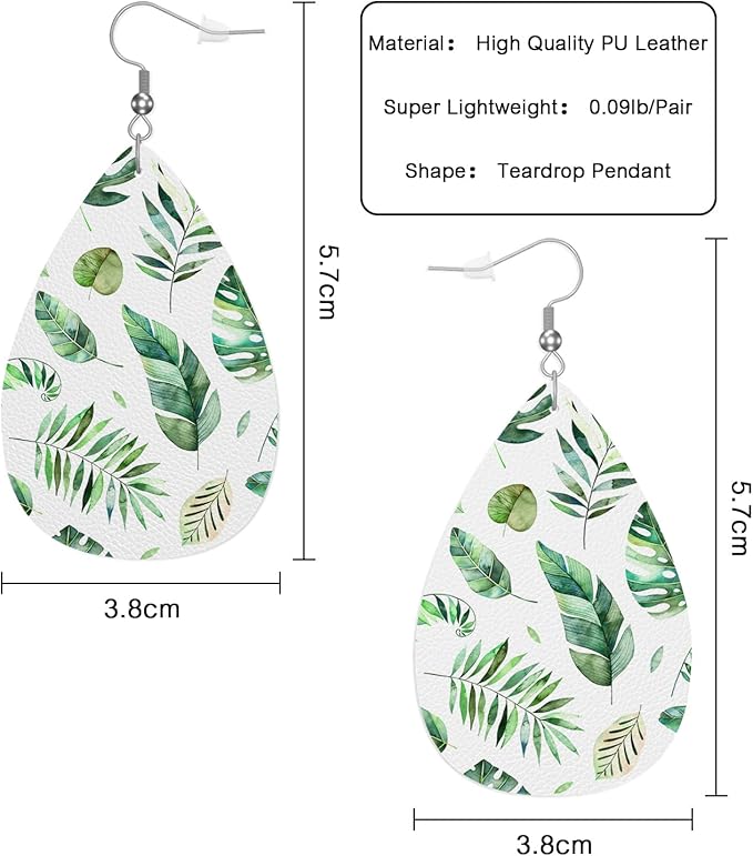 Green Leaves Woman Earrings, Tropical Jungle Palm Banana Tree Leaf Lightweight Leather Dangle Teardrop Earrings Jewelry For Ladies Friends