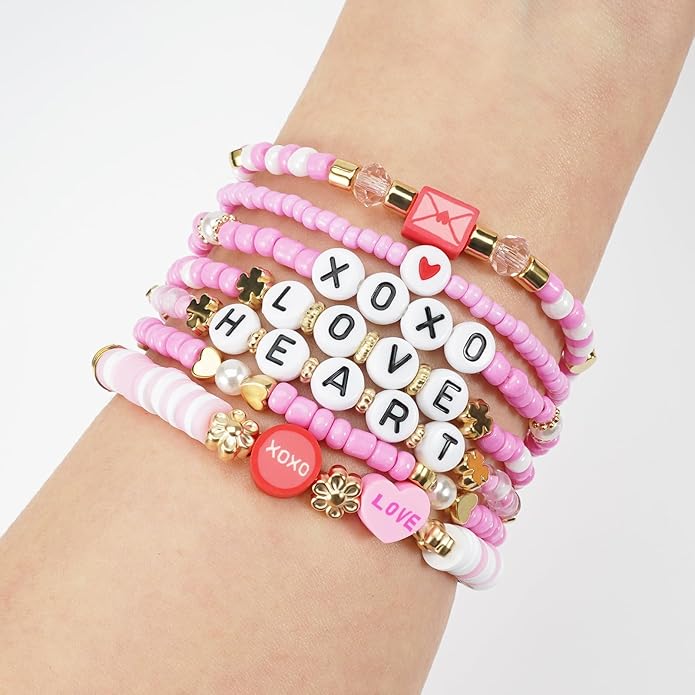 Beaded Bracelet for Women Pink Love Heart Stretch Bracelets Accessories