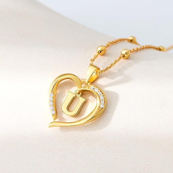Cicy Bell Womens Heart Initial Necklace for Women 18k Gold Plated Shell Personalized Letter Pendant Necklace 17.7'' with 2'' Extender