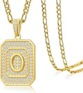 Initial Letter Pendant Necklace for Men Women, 14K Gold Square Monogram Alphabet Necklace with Figaro Chain, Valentines Day Birthday Gifts for Him Her