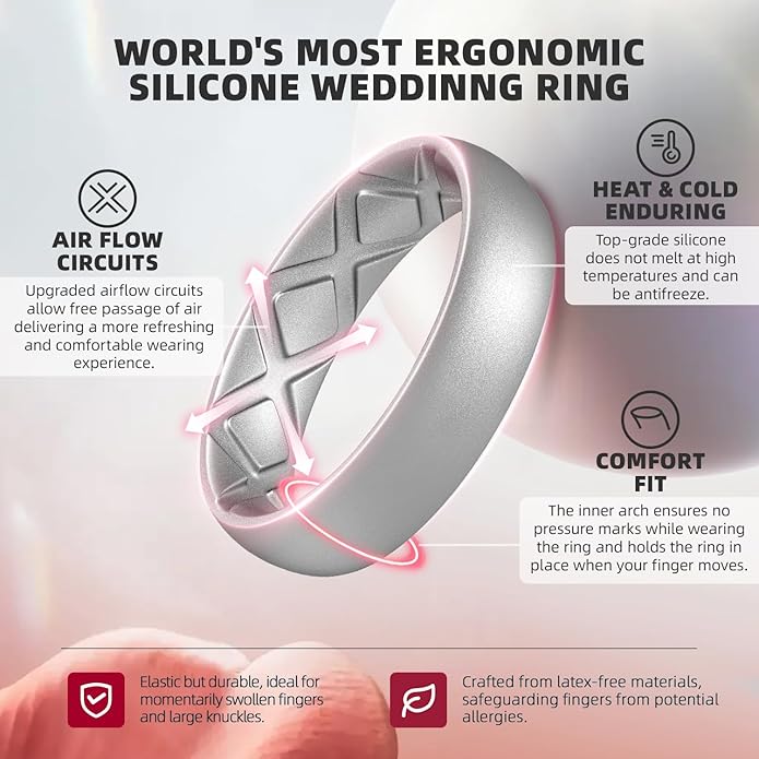 Egnaro Women's Bridal Rings Sets, Inner Arc Ergonomic Breathable Design Silicone Rubber Wedding Bands