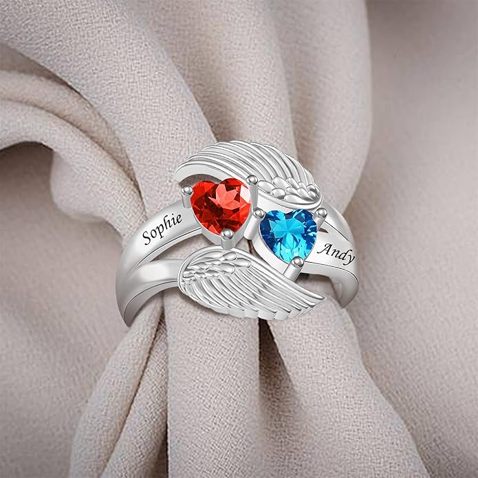 Personalized Heart Birthstone Rings for Women with 2 Birthstones Custom Name Rings for Couple Mother Daughter Jewelry Gift for Mother Her Christmas