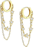 Tassel Chain Small Gold Hoop Dangle Earring For Women Huggie Earring Heart Star CZ 14K Gold Plated Fashion Jewelry Friendship Gift