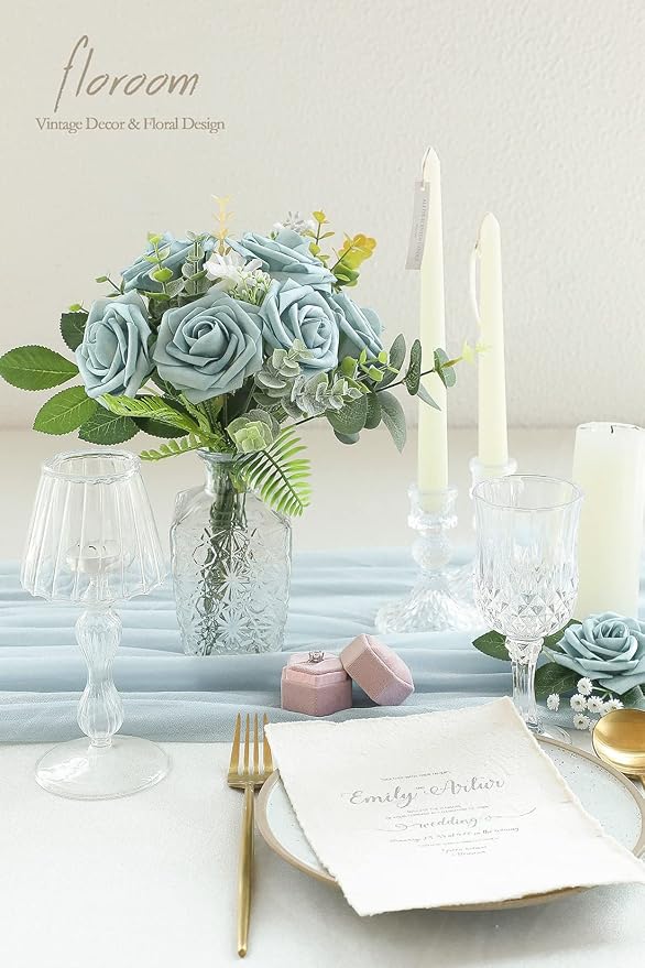 Artificial Flowers 25pcs Real Looking Dusty Blue Foam Fake Roses - Image 2
