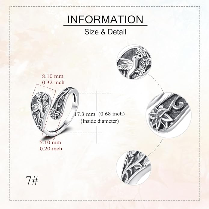 URONE Hummingbird/Bee/Scorpion/Moon Phase Spoon Ring Sterling Silver Thumb Ring Vintage Jewelry Gifts for Women