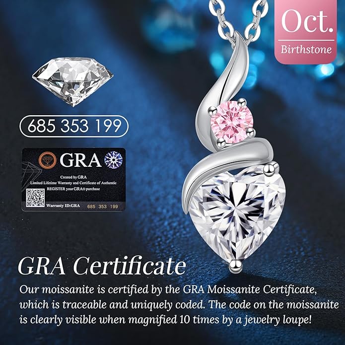 ANDSO Valentine's Day Gift Moissanite Heart Pendant Necklaces for Women, 925 Sterling Silver Necklace with Birthstone, Ideal Anniversary Present or Birthday Jewelry Gifts for Mom Wife Her Girlfriend