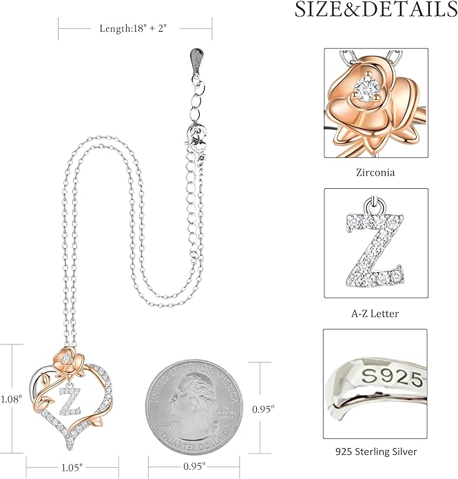 Valentines Day Gifts Rose Heart Letter Initial Necklace for Women, S925 Sterling Silver Pendant Necklace Adjustable Dainty Rose Flower Jewelry Gift for Her