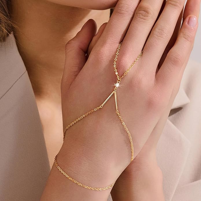 YOIHUR Champagne Gold Plated Hand Chains for Women, Adjustable Hand Chain Bracelet and Ring, Gold Hand Chain Bracelets Stack Jewellery Stars and Cubic Zirconia Hand Jewelry for Valentine's Day