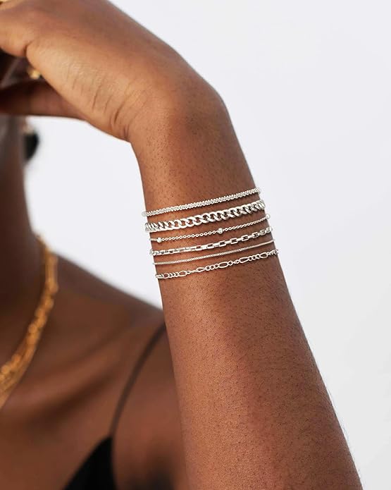DEARMAY Dainty Silver Plated Bracelets for Women Trendy, Silver Jewelry Set for Women Bracelets for Women Paperclip Box Herringbone Figaro Rope Chain Bracelet Fashion Pack Gifts for Women