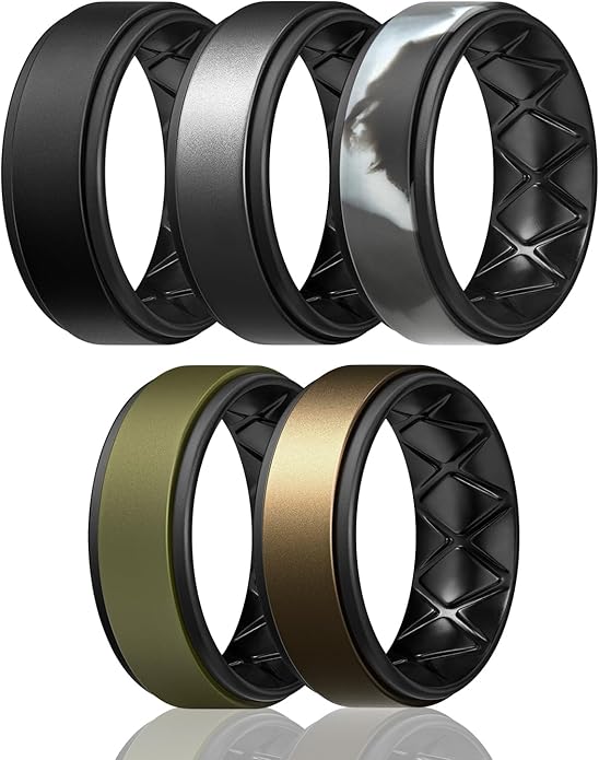Egnaro Silicone Rings for Men 1/4/5/6/7 Multipack of Breathable Mens Silicone Rubber Wedding Rings Bands - Step Edge
