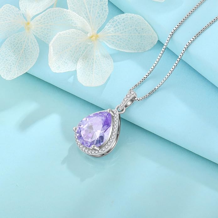 FJ Teardrop Pendant Necklace 925 Sterling Silver Birthstone Jewelry Gifts for Women