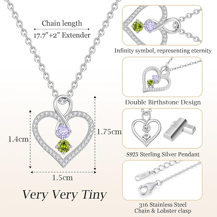 LOUISA SECRET Infinity Double Birthstone Necklace, 925 Sterling Silver Tiny Pendant Heart Necklace for Women Wife Her, Best Jewelry Gift Heart Jewelry Meaningful Gift for Valentine's Day, Christmas, Birthday Anniversary